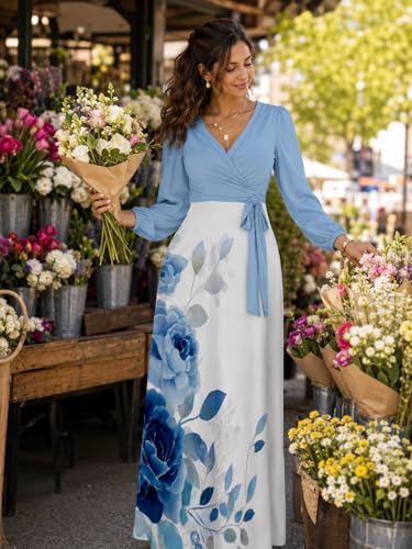 Image of PinkPatty Plus Size Dresses for Curvy Women V Neck Flowy Long Sleeves Wrap Maxi Dress Travel Vacation Outfits