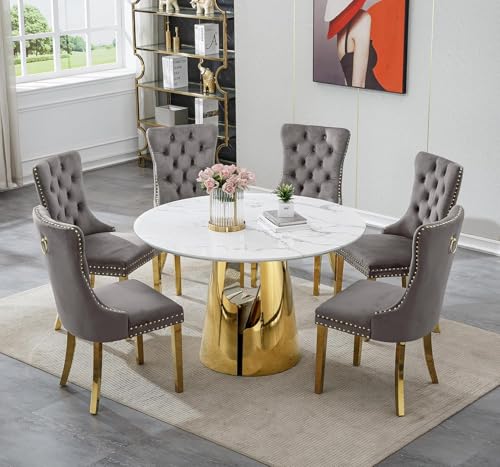 Image of 7-Piece Round Dining Table Set for 6, Modern Faux Marble Kitchen Table and Grey Velvet Chairs Set of 6, Luxury 45 inch Circle White Gold Dining Room Tables with Stainless Steel Base