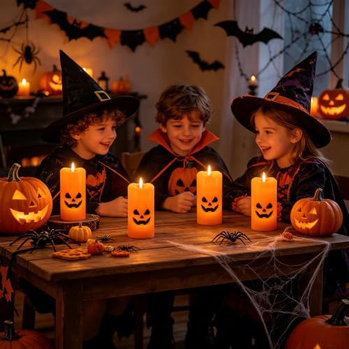 Image of Eldnacele Halloween Pumpkin Flameless Pillar Candles Battery Operated with 6 Hour Timer, 3D Wick Flickering Orange Real Wax Hand-Painted LED Candles Indoor Halloween Home Decor(2 Pack, 3 inch D x 6 inch H)