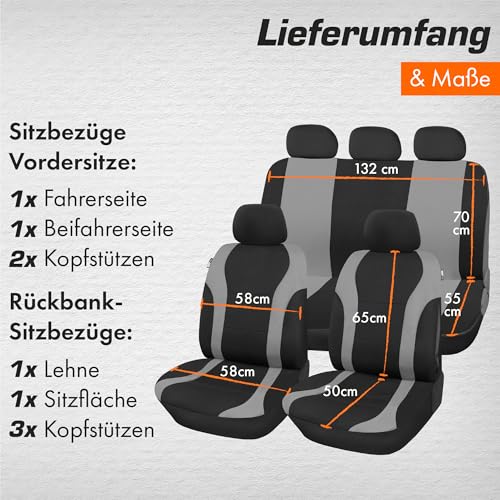 Upgrade4cars Autositzbezüge Set Universal Grau | Auto-Schonbezüge Vordersitze & Rückbank | Autositzbezug Schwarz | Autozubehör Innenraum | Geschenke für Frauen und Männer