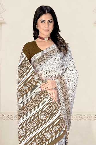 Image of TAMAIRA FASHION Mulmul Pure Cotton Saree For Woman Warli Printed|Office Wear Daily Wear Sarees For Women Without Blouse Piece(Available in 19 Colours)