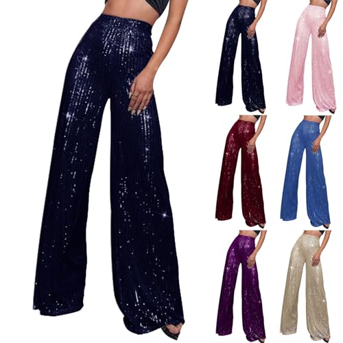GOSEAGOTOFUN Sequin Pants Women High Waisted Slim Fit Shiny Pants Loose Fit Casual Wide Leg Trousers Fashion Party Clubwear 01-Dark Blue Small - image 1