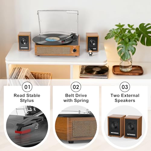 Image of Record Player with External Bookshelf Speakers Belt-Drive Vintage Turntable for Vinyl Records Passive Dual Stereo Speakers LP Players 3 Speed Wireless AUX Headphone Input Auto Stop Retro Brown Wooden