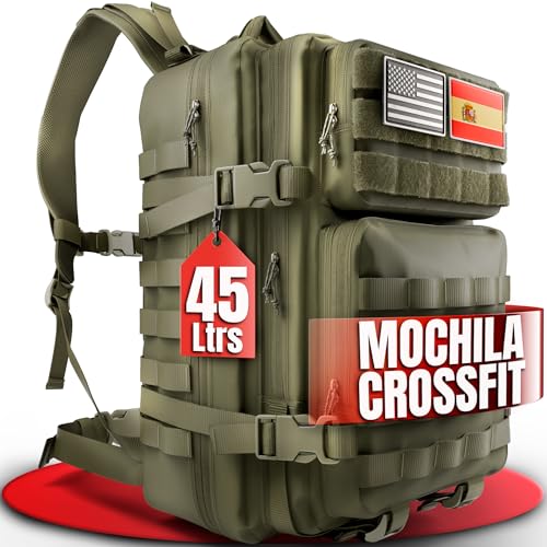 Netiners® Mochila Crossfit Militar | Fabricado en España | 45L Ideal para Gimnasio, Cabina Viaje, Camping, Mochila Táctica | Carga pesada, Bolsillo Interno | Montañismo, Senderismo | Green