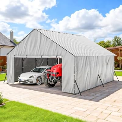 FLOUREE 20x20 FT Heavy Duty Metal Carport with PE Sidewalls, Vertical Roof 2 Car Carport Canopy, Enclosed Car Port for Trucks, Boats, Outdoor Storage