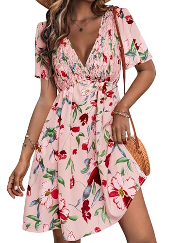 Image of Simplee Womens Summer Casual V Neck Dress Sexy Short Sleeve Mini Sundress Boho Western Empire Waist Pocket Dresses 2026