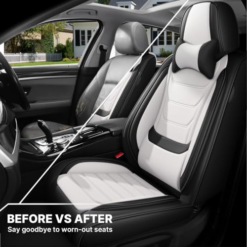 Image of for GMC Terrain 2010-2025 Seat Covers 2P w /Headrests (Black /White) | Waterproof car seat cover, anti-slip, breathable. Airbag compatible. Seat heating works. Easy clean. Durable stitching.