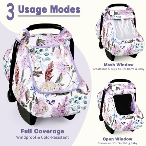 Image of Car Seat Cover Baby, HNHUAMING Infant Car Seat Covers Canopy for Baby Girl Boy, Cozy & Windproof Newborn Carseat Covers Minky Dot Backing Stroller Cover with Breathable Mesh Window, Purple Floral