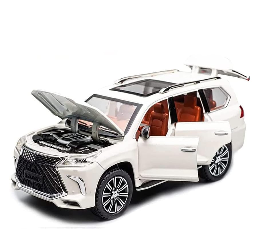 Image of Kids Model 1:24 Lx570 Die Cast Metal Car Pull Back Action Opening Doors with Realistic Engine Sound Lights Toy Car Gift for Boys - White