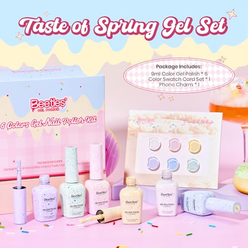 Image of Beetles Summer Gel Polish Set, Pastel Whip 6 Colors Taste of Spring Macaron Shimmer Glitter Gel Polish Kit Spring Pink Yellow green Soft Creamy Soak Off UV LED DIY Gel Nail Art Gifts for Women