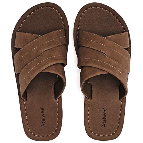 Ataiwee Men's Slide Sandals - Comfortable Lightweight Leather Summer Slipper Shoes for Indoor & Outdoor Use.(2008061,DB/PU,10)