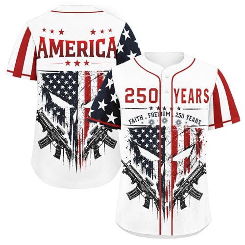 coolcustomize Mens Patriotic Skull Baseball Jersey 250 Years USA Independence Shirt American Flag Button Down Sports Jersey
