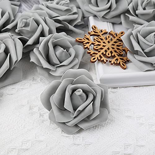 Ipopu Artificial Rose Flower Heads, 100 Pcs Real Looking Silver Gray Foam Fake Roses For Diy Wedding Baby Shower Centerpieces Arrangements Party Tables Home Decorations (Silver Gray, Stemless) #TOP1
