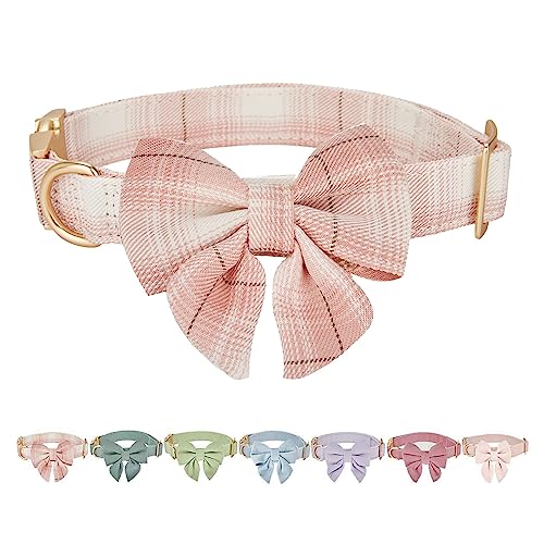 Petiry Tartan Dog Collar with Detachable Sailor Bowtie,Soft Dog Plaid Collars Medium For Female Dogs Neck 31-49cm,Plaid Pink