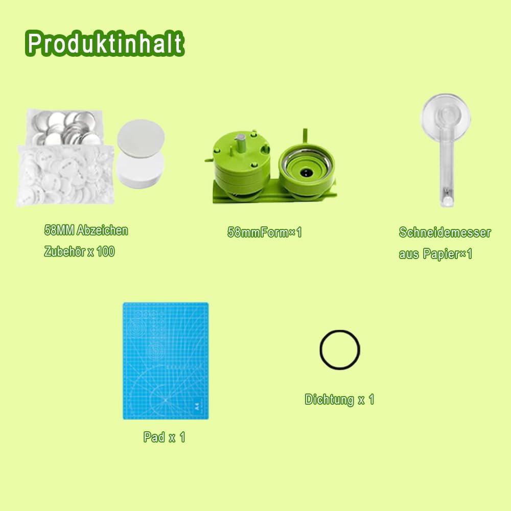 Buttonmaker Knopfmachermaschine, 58 mm Pinmaker,100-teilige Buttonteile, Pin Button Maschine, Stanzset mit Bogengriff, für DIY-Geschenke für Kinder (Grün)