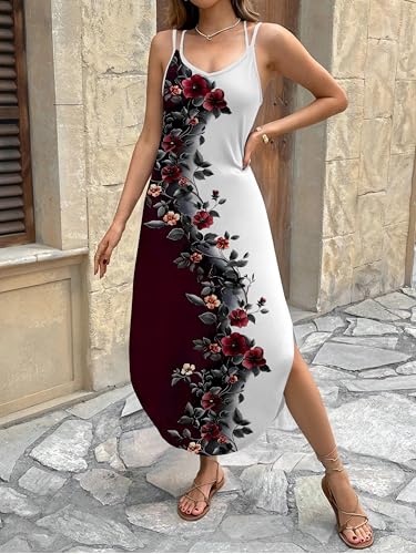 Image of Zeagoo Women's Casual Sundress Summer Maxi Sleeveless V Neck Split Boho Beach Dress Travel Vacation Dress with Pockets