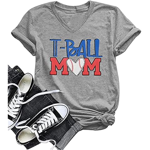 T-Ball Mom Baseball Mama Shirt Womens Funny Letter Print Tops Shirt Short Sleeve Casual Tops Tees - grey - Small Cover