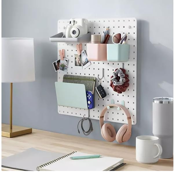 Peg-board Wall Organizer Set – 12-Piece Storage Panel with Accessories for Office, Bedroom, or Garage Organization (White)