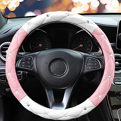 Image of YOGURTCK Cute Diamond Soft Leather Steering Wheel Cover with Bling Bling Crystal Rhinestones, Universal 15 Inch for Women Girls, Fit Vehicles, Sedans, SUVs, Vans, Trucks - Light Pink and White
