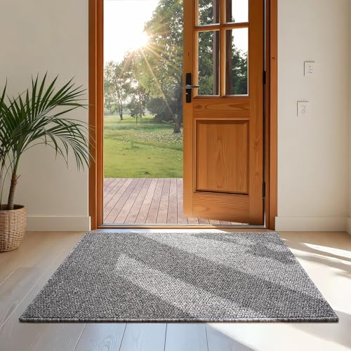 Softlife Rugs for Entryway 2x3 ft Faux Jute Rug Dirt Trapper Small Bathroom Rug Washable Door Rugs Kitchen Mat Modern Farmhouse Carpet for Front Porch Bathroom Kitchen Bedroom, Grey