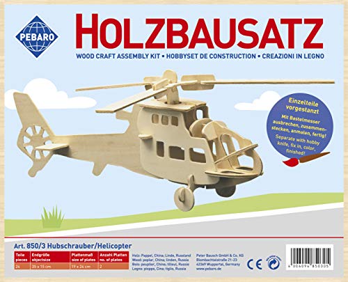 Pebaro 850/3 Holzbausatz Helikopter, 3D Puzzle, Modellbausatz, Basteln mit Holz, Holzpuzzle, vorgestanzte Holzplatte, inkl. Schmirgelpapier, ausbrechen, zusammenstecken, fertig, Geschenkidee