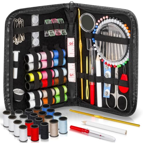 Image of 142-Piece Travel Sewing Kit for Adults & Kids, Small Needle & Thread Kit | Mini Emergency Repair Sewing Kit, Beginner Set with Multicolor Thread, Needles, Scissors, Thimble, Clips & Travel Case