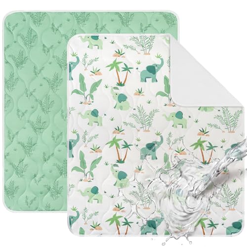 Yukkidds 2er-Pack Bettunterlage Wasserdicht Kinder Waschbar PIPI Unterlage Bett Kinder Betteinlage Inkontinenz Bettunterlage 75x90 cm (Grüner Elefant)