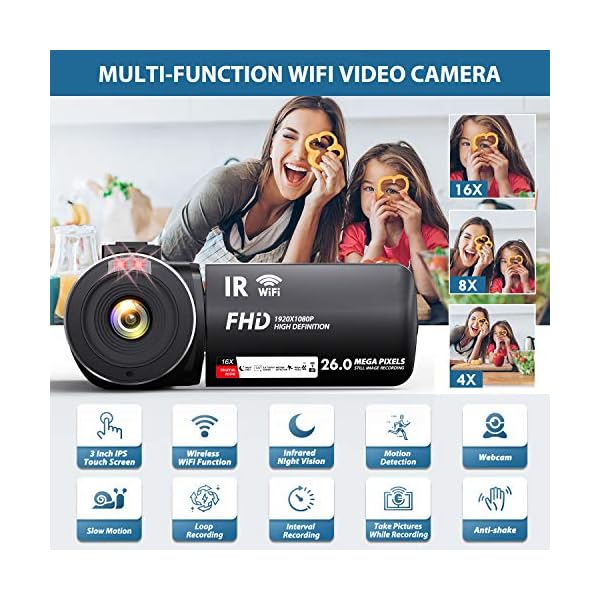 Videokamera Camcorder WiFi YouTube Vlogging Kamera FHD 1080P 30FPS 26MP 16X Digital Zoom IR Nachtsicht 7,6 cm IPS Touch… – Bild 3