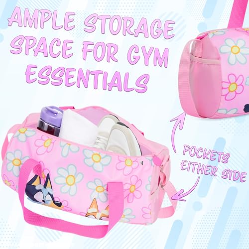Bluey Gym Bag for Kids Duffle Bag Cute Travel Holdall Weekend Bag for Sports Gym Class Swimming Dance with Side Pockets Travel Essentials (Floral Bluey)4