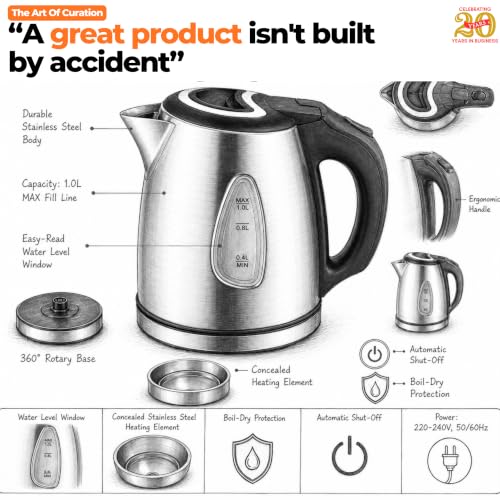 Image of ITALIA Premium Stainless Steel Electric Kettle | Rapid Boil 1500W | Auto Shut-Off & Boil Dry Protection | Cordless Water Heater for Tea, Coffee & Kitchen Use | Travel Friendly Electric Kettle 1L