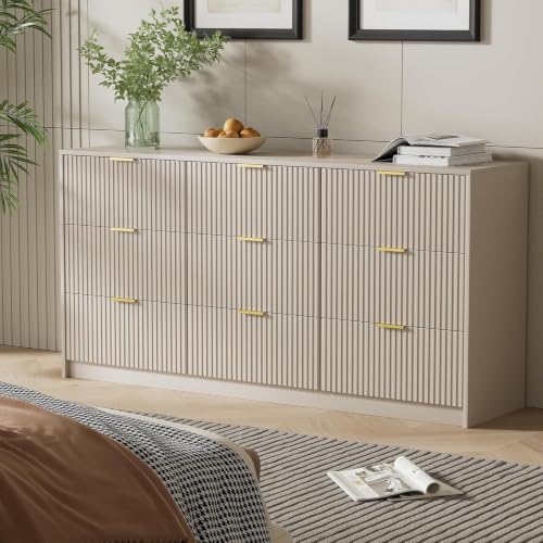 Image of Furniway 9 Drawer Dresser for Bedroom, 63 inch Wide Dresser with Gold Handles, Modern Wood Chest of Drawers Storage Cabinet, Fluted Long Dresser for Bedroom, Living Room, Hallway, Beige
