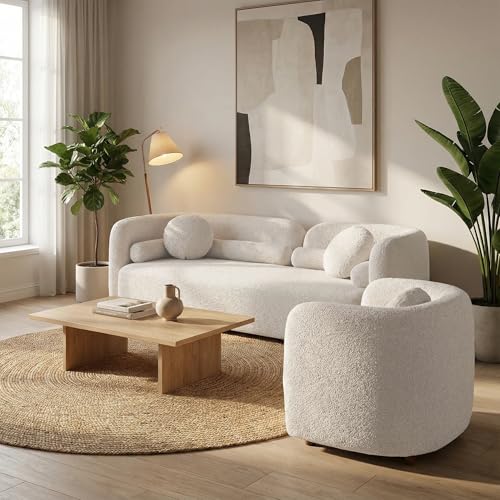 Image of 2026 New White Boucle Sofa Set, 2-Piece Living Room Seating Set - 3 Seater Sofa + Single Chair, Solid Wood Frame Modern Couches with Pillows