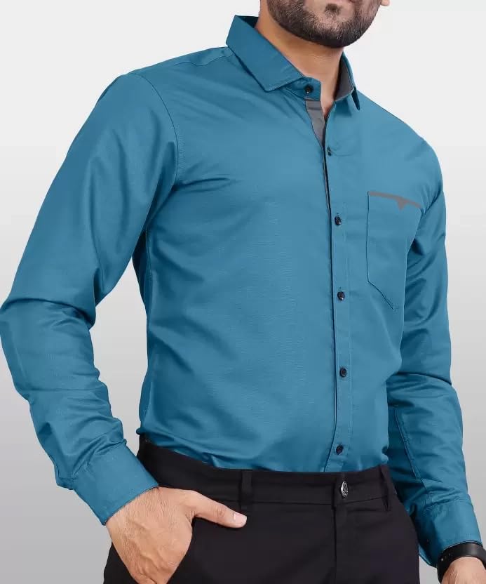 Image of CB-COLEBROOK Men's Regular Fit Solid Soft Touch Cotton Casual Shirt with Pocket Design with Spread Collar & Full Sleeves (Available in Plus Size)