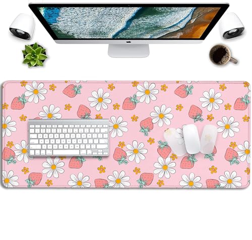 Image of Strawberry Mouse Pad Desk Mat,Pink Large Large Gaming Mouse Mat with Stitched Edges,Non-Slip Waterproof Rubber Base Mouse Mat for Office Computer Keyboard Laptop Home(27.5X11.8 in)