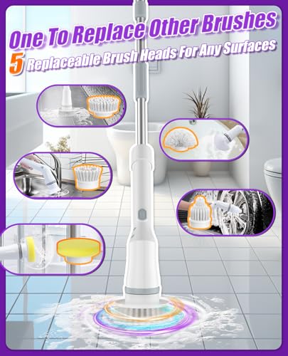 Image of 5-Head Electric Spin Scrubber, Shower Brush, Extension Handle | cordless power scrubber, adjustable reach, two speed control, IPX7 waterproof, bathroom floor, tile grout, tub edges, shower