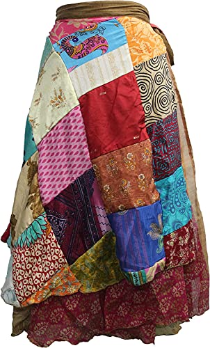 Anya Trades Sari Silk Vintage Patchwork Wraparound Long Skirt Magic Full Length & Reversible Beach Cover UP Multicoloured2