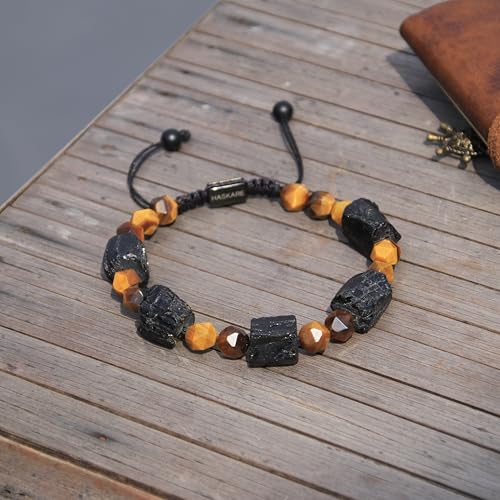 Mens Bracelet Beads Protection Crystals for Men, HASKARE Genuine Black Tourmaline Tiger Eye Stone Bracelets for Ultimate Protection, Drawstring Mens Bracelet Energy Beads Bracelets for Men Gift for Him3