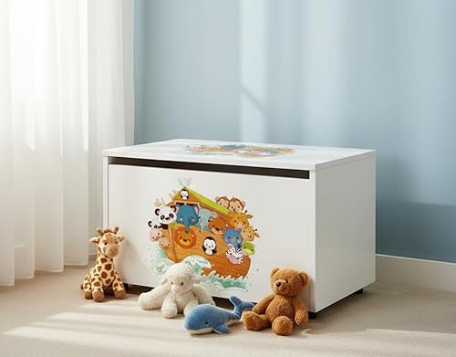 Leomark große Holzspielzeugkiste auf Rädern, Sitzbank mit Stauraum, Spielzeugkiste mit Deckel, Kinderbank – Truhenbank für Kinder, weiße Aufbewahrungsbox 91L, Maße: 71cm x40,5cm x45cm (Arche) - 2