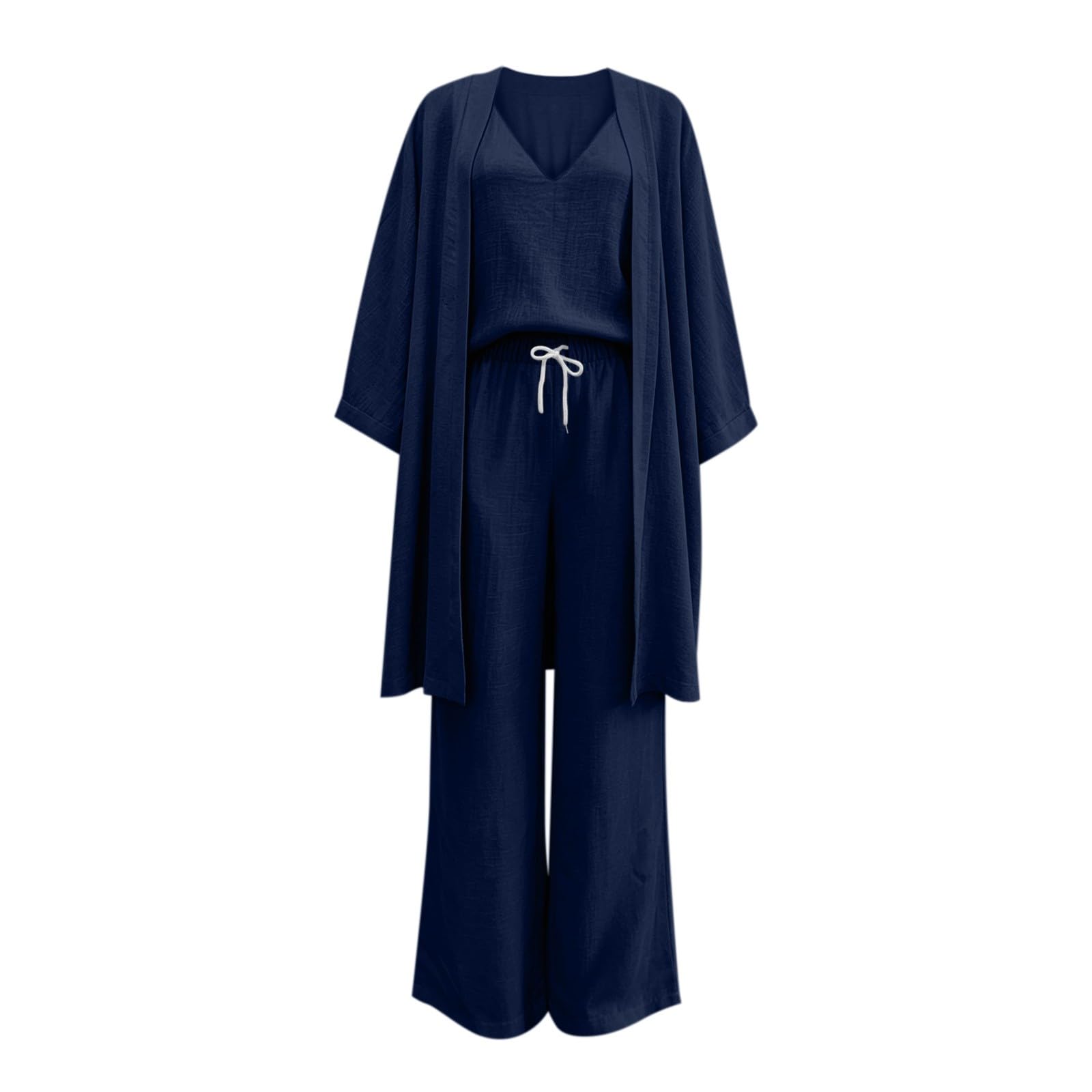 3 Pezzi Set Donna Lino Tuta Sportive Leggero Veste + Cardigan + Pantaloni