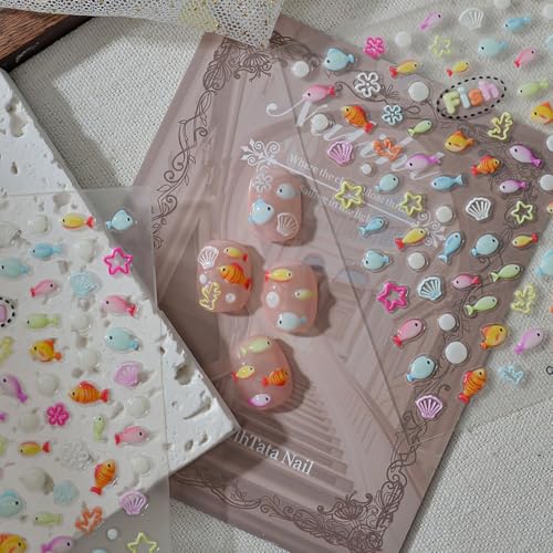 Image of Fish Nail Stickers Decals Summer Nail Art Stickers Cute 5D Nail Decals for Nails Art with Coral Design Self Adhesive for Women Manicure Decoration Accessories