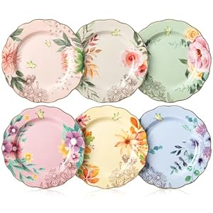 BTaT- Porcelain Floral Plates, 8 inch, Set of 6, Royal Dessert Plates, Appetizer Plates, Floral Plates, Salad Plates, Small Plates, Small Plates Set, Small Dishes, Dinnerware