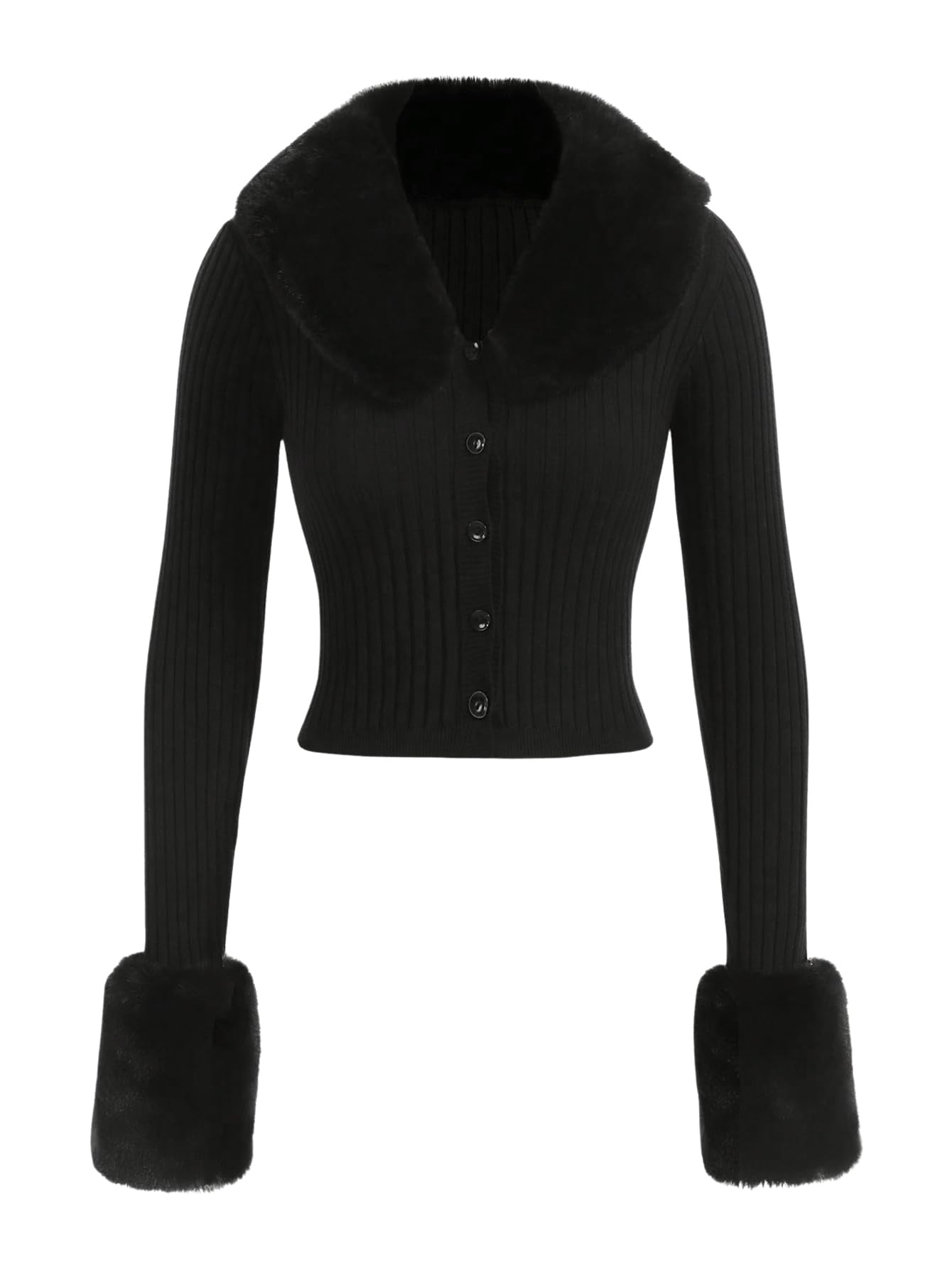 WDIRARA Womens Fuzzy Collared Button Down Cardigan Sweaters Faux Fur Long Sleeve Knit Outerwear