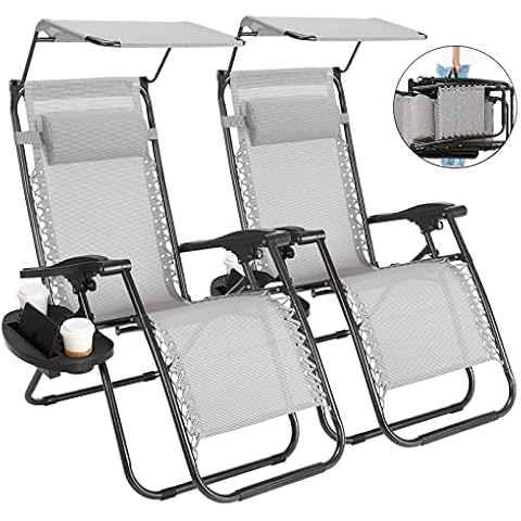 Superworth Set Of 2 Thicken Gray Folding Zero Gravity Chairs Sun Lounger Recliner For Beach Patio Garden Camping Outdoor With Canopy 200KG Weight Capacity Cover