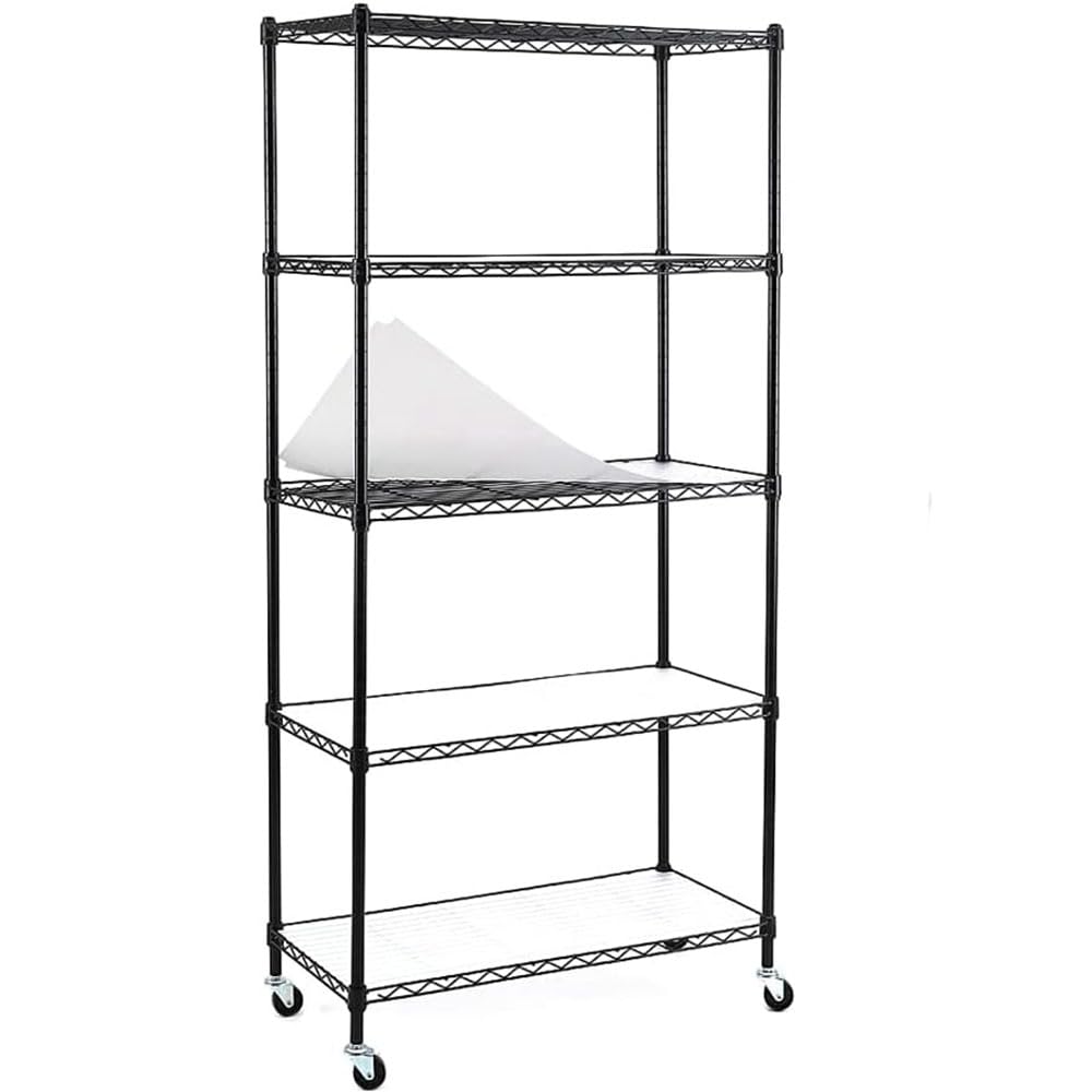 5 Tier Black Shelving Units on 3'' Wheels, Adjustable Wire Shelving with 5-Shelf Liners, Wire Metal Storage Shelves Standing Shelf Units, Shelf Organizer for Kitchen and Garage 30Wx14Dx63.7H