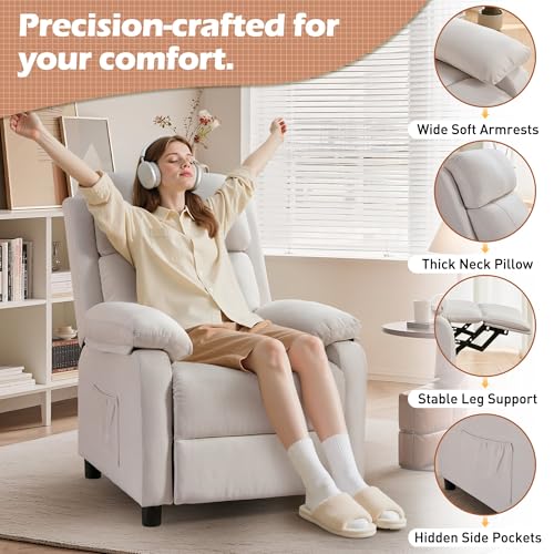 Image of Korser Recliner Chair, Living Room Chairs for Adults, Padded Deep Seat Reading Chair with Side Pockets, Small Recliners for Small Spaces, Lounge Chair for Living Room, Bedroom, and RV (Linen)