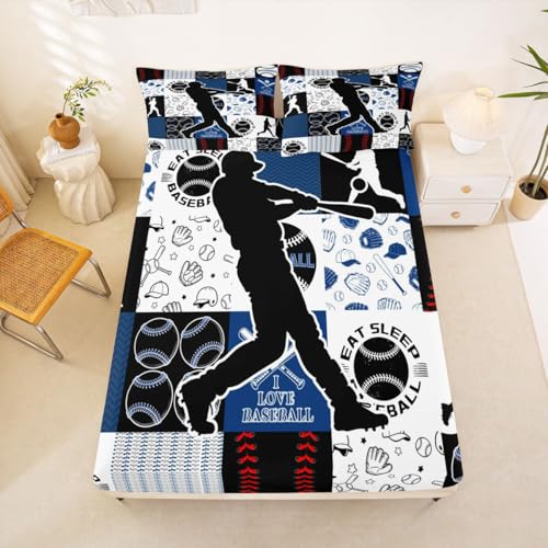 Image of Castle Fairy Patchwork Baseball Bed Sheet Set 2 Pillowcases,Sports Geometric Grid Blue Sheets Set,Baseball Player Room Decor Sheet Sets with Deep Pocket,Top Flat Sheet,King Size