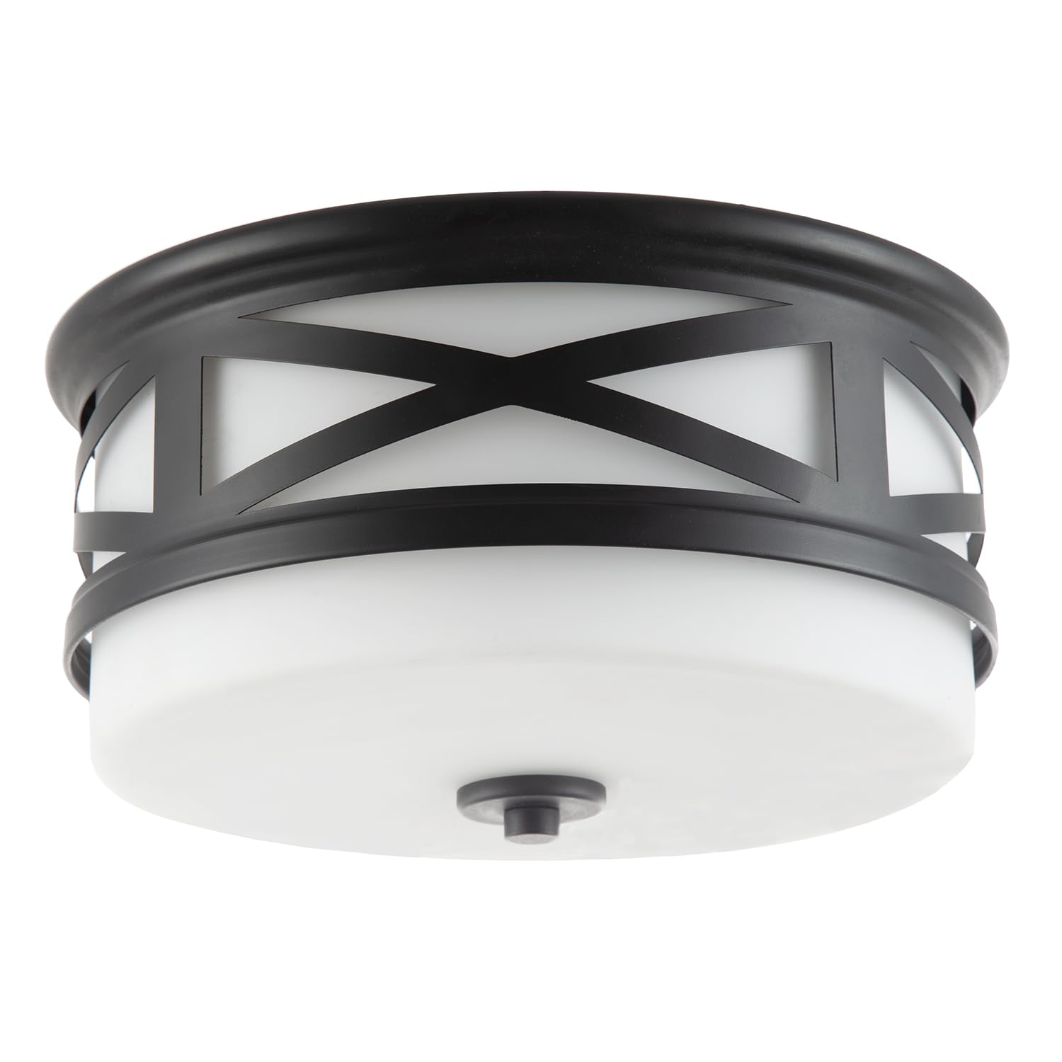 Happy Homewares Vintage Classic Bathroom Flush Ceiling Light Fitting in Matte Black with Opal White Glass Shade | 15cm x 29cm | Metal Strap Unique Design