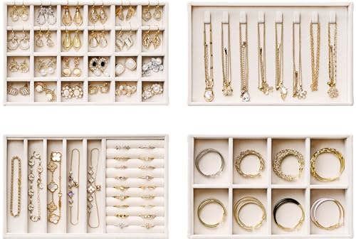 Beige 4-Layer Velvet Jewelry Organizer Trays w/ Removable Dividers
