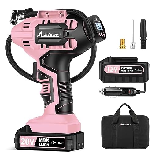 Avid Power Tire Inflator Air Compressor, 20V Cordless Car Tire Pump w/Rechargeable Li-ion Battery, Portable Tire Compressor w/ 12V DC Adapter, Digital Pressure Gauge, for Many Inflatables (Pink)
