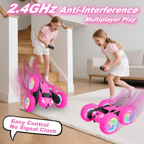 Image of Remote Control Car, RC Cars for Girls, 2.4 GHz Double Sided RC Crawler with Upgraded USB-C Modular Battery, 360Rotating Car Toys for 6 7 8 9 10 11 12 Year Old Girl Birthday Gift Rose
